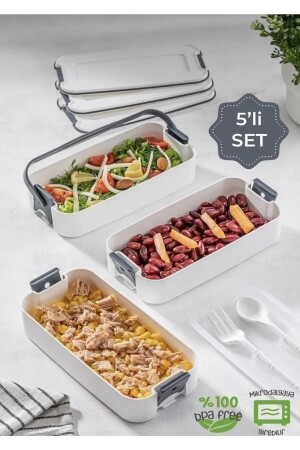 3 Katlı Taşınabilir Yemek Kabı – Lunch Box Diyet Beslenme Kutusu Saklama Kabı Çatal Kaşıklı Gri - Pazarika