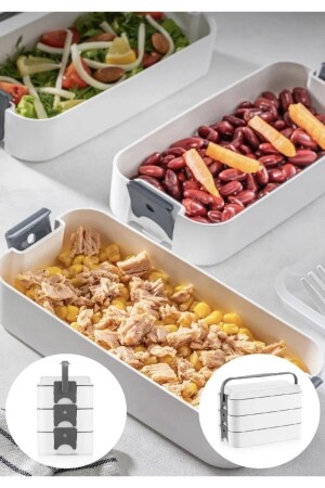 3 Katlı Taşınabilir Yemek Kabı – Lunch Box Diyet Beslenme Kutusu Saklama Kabı Çatal Kaşıklı Gri - 3