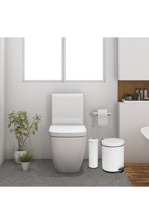 3 Litre Beyaz 2'li Banyo Seti Pedallı Çöp Kovası Wc Klozet Tuvalet Fırça Seti Banyo Çöp Kovası gorbanyo3lt1 - 2