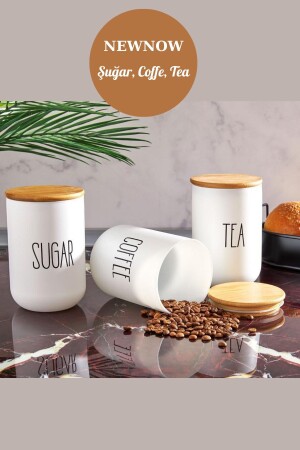 3 lü Lüx Kavanoz Seti, Şugar, Coffee , Tea, Şekerlik, Tuzluk Seti, Bambu Kapaklı Kavanoz 1000ml 3LÜ Baharatlık Seti Beyaz - 1