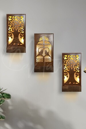 3 Lü Set Piller Dahil Peri Ledli Masif Ahşap Tablo Ev Hediyesi Hol Antre Gece Lamba 36x18 Duvar Süsü - Genel Markalar