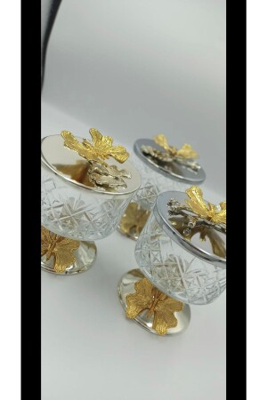 مكنز الفضة المغطاة 3 قطع زجاجية كأس السكر كأس العشاء عرض حامل مع الغطاء وقدم الفخام فراشة MNL1017 - Elzem