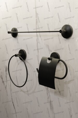 مجموعة حمام 3 قطع من نوع MNZ-Black الاقتصادية ، مجموعة تجميعية ، حامل ورق مع غطاء - حامل منشفة طويلة - حامل منشفة مستديرة P3174 - Milenay