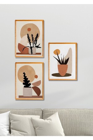 3 Parça Ahşap Çerçeve Görünümlü Retro Saksı Duvar Dekoru - Salon Mutfak Yatak Odası Için Tablo Seti - Nt Handmade