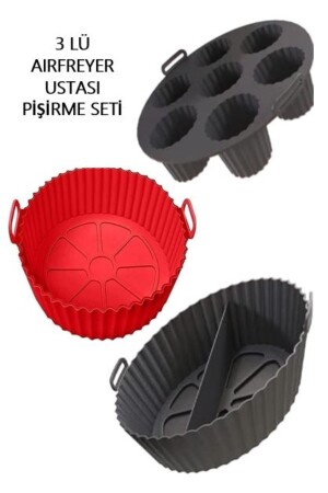 3 Parça Pratik Silikon Airfryer Pişirme Kağıdı Yonca- Muffin- Iki Bölmeli Fırın Mikrodalga Kap Hh - 2