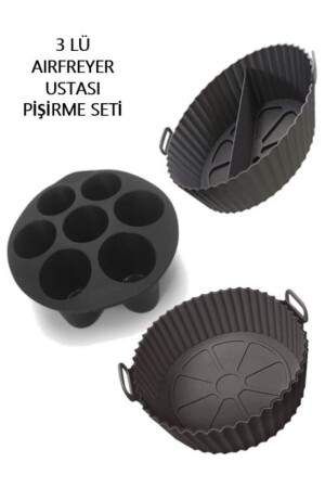 3 Parça Pratik Silikon Airfryer SİYAH Pişirme Kabı Yonca- Muffin- Iki Bölmeli Fırın- Mikrodalga Hh - 2