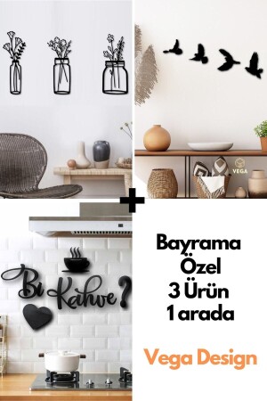 3 Parça Saksı - Bi Kahve - 4'lü Kuş Duvar Dekoru 3 Ürün 1 Arada - Vegadesign