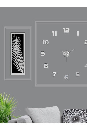 3 Parçalı Duvar Saati Seti, Akrilik Pleksi Aynalı Palmiye Yapraklar Ve Duvar Saat wf-saat-palmroma - 3