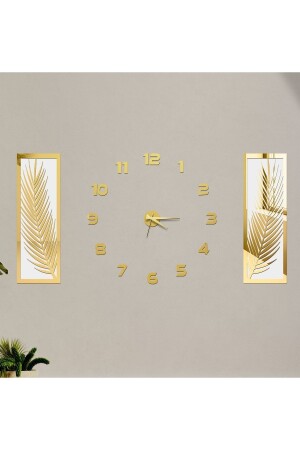 3 Parçalı Duvar Saati Seti- Akrilik Pleksi Aynalı Palmiye Yapraklar Ve Roma R. Saat - Wooden Factory