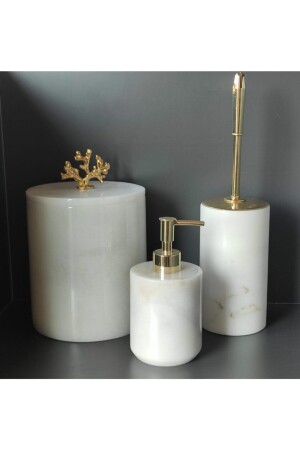 مجموعة حمامات من 3 قطع من الرخام الأبيض (مجموعة غرف الاستحمام، وعاء فرشة، وموزع صابون سائل) PLN189 - Polen Stone