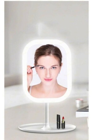3 Renk Ledli Taşınabilir Masaüstü Şarjlı Işıklı Makyaj Aynası 90 Derece Açı Dikdörtgen Beyaz Ledli - 1