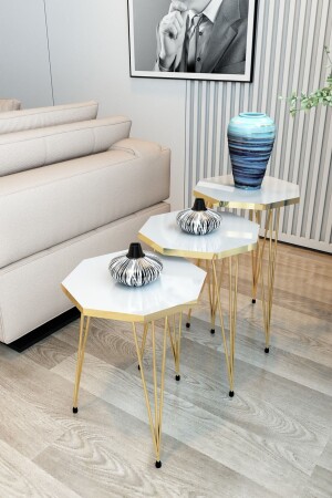 3-Sitzer-Nesting-Couchtisch, Gold-Serie, Modell Octagon, Nesting-Couchtisch, Metalldrahtbeine, GoldOctagonZigonM1 - 2