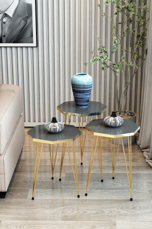 3-Sitzer-Nesting-Couchtisch, Gold-Serie, Modell Octagon, Nesting-Couchtisch, Metalldrahtbeine, GoldOctagonZigonM1 - 4