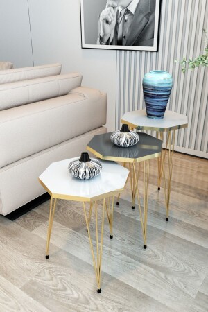 3-Sitzer-Nesting-Couchtisch, Gold-Serie, Modell Octagon, Nesting-Couchtisch, Metalldrahtbeine, GoldOctagonZigonM1 - 1