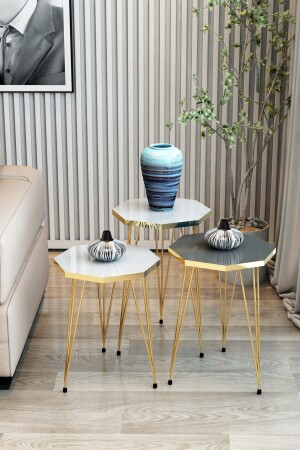 3-Sitzer-Nesting-Couchtisch, Gold-Serie, Modell Octagon, Nesting-Couchtisch, Metalldrahtbeine, GoldOctagonZigonM1 - 3