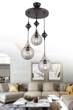 مكنز المعلقة المضيئة المعلقة الأسود 3 قطع مدخنة كوب الزجاج العلوي الكروم إلى أسفل المواجهة للفخامة الشنابل snsz50 - SONSUZ AYDINLATMA&AVİZE