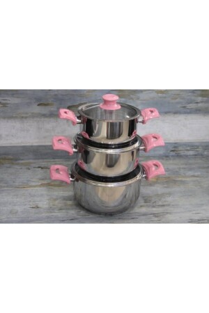 مجموعة من 3 أوعية من الفولاذ مع قوارب الزجاج والمسام الوردي - Sole