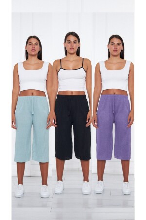 3-teilige Damen-Cordhose und -Trainingsanzug in Babyblau – Schwarz – Lila – Freizeit-Pyjama für Zuhause - 2