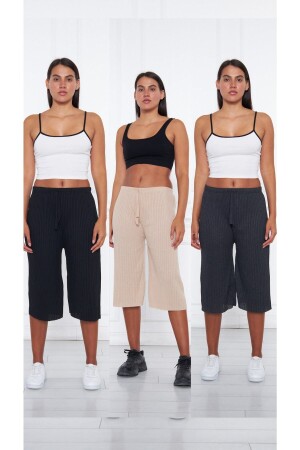 3-teilige Damen-Cordhose und -Trainingsanzug in Schwarz – Creme – Geräuchert, Freizeit-Pyjama für Zuhause K0109-002 - 2