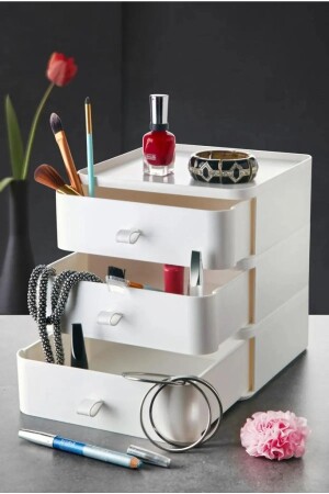 3-teilige Schmuck-, Make-up- und Kosmetik-Organizer-Schublade, Büro-Schreibtisch-Organizer, Weiß MFKS-OMS-3700-BYZ - 2