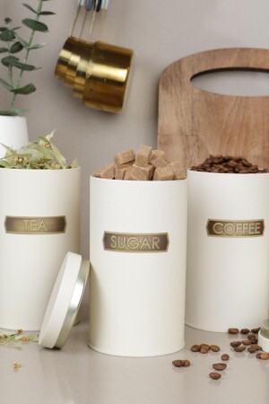 3-teiliger Aufbewahrungsbehälter mit Metall-Vakuumdeckel – Soft Touch Antik-Prägung – Creme – große Größe SOFTTOUCHBÜYÜKBOY - Sarkap