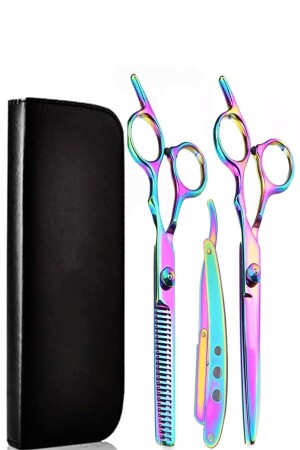 3-teiliges Friseurscheren-Set, Regenbogen-Set mit Rasierer und Ledertasche - 2