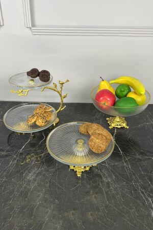 3-teiliges Glas-Servierset mit Beinen und Obstplätzchen-Kuchen-Dessert-Präsentationsschüssel-Teller-Set - 3