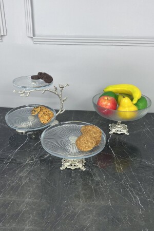 3-teiliges Glas-Servierset mit Beinen und Obstplätzchen-Kuchen-Dessert-Präsentationsschüssel-Teller-Set - 2