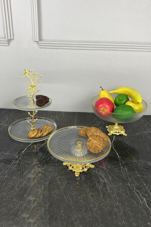 3-teiliges Glas-Servierset mit Beinen und Obstplätzchen-Plätzchen-Kuchen-Dessertschalen-Teller-Set - 2