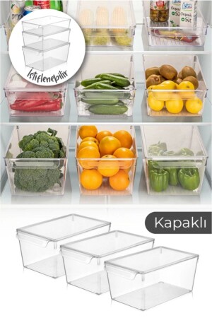 3-teiliges großes, abgedecktes Kühlschrank-Organizer-Organizer-Set, transparenter Gemüse- und Obst-Aufbewahrungsbehälter 3KAPAKLIBUYUK - 1