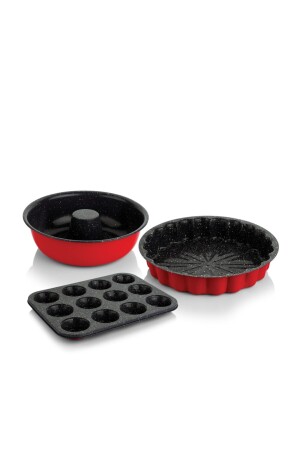 3-teiliges Kuchenformen-Set mit Blumenmuster – Rot bayev003 - 1