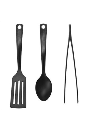 3-teiliges Küchenutensilien-Set, Löffel, Spatel, Zange, hochwertiger Polyamid-Kunststoff, Schwarz, 30 cm - 4