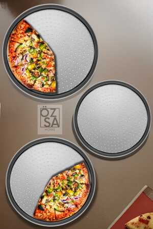 3-teiliges, perforiertes Pizzablech, Lahmacun-Pita-Tablett, 28–32–36 cm, 3-teiliges Pizzablech aus Stahl, OZSA00000032 - 2