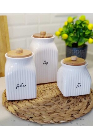 3-teiliges Porzellan-Bambus-Tee-, Zucker- und Salzdosen-Set mit Deckel und 30 Etiketten als Geschenk 160381090930 - 2