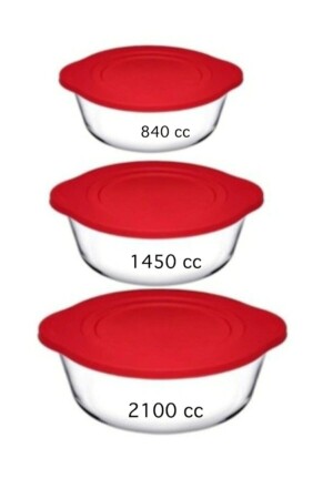 3-teiliges rotes Pyrex-Vorratsbehälter-Set mit Deckel, 2100 cc, 1450 cc, 840 cc, Topf mit Deckel, Mitgift-Set 59001–59123–59133 - 1