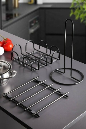 3-teiliges schwarzes Untersetzer-Serviettenhalter-Handtuchhalter-Set aus schwarzem Edelstahl für Küchenservice-Präsentationsset KS54946 - 2