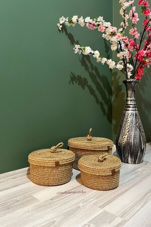 مـنـز جـوت - ويكـر - سلة 3 قطع مع غطاء - سلة متعددة الأغراض - حمام - مطبخ - سلة تجميل - تزيين - Türkmen Ev Tekstil