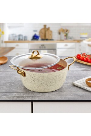30 Cm Cream Ezme Seri Derin Tencere- Non-Stick Derin Tencere 7 Lt (Gold Çelik Kulp) - Evren