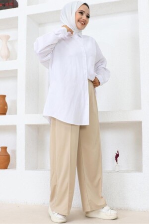 3042-1 Belli Lastikli Rahat Kesim Salaş Pantalon Bej - Benguen