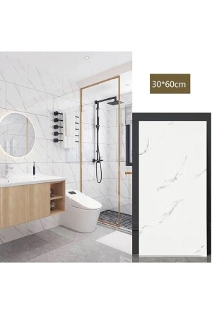 30x60 Cm Beyaz Mermer Desenli Kendinden Yapışkanlı Seramik Köpük Banyo WC Kaplama PVC Duvar Paneli - 1