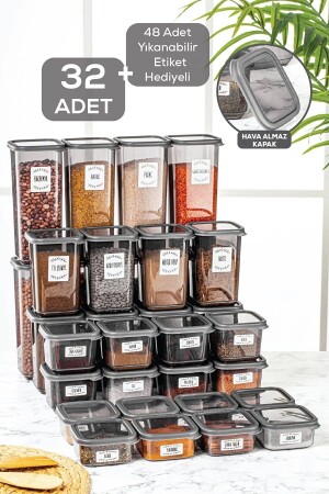 مجموعة من 32 حاوية تخزين غذائي مربع مع علامات 8x ((0.3 LT-0.5 LT-1.1 LT-1.7 LT) رف العطور MCH-712 - Meleni Home