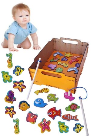 32 Li Turuncu Kasada Ahşap Mıknatıslı Balık Tutma Oyunu Çocuk Oyuncak - Woodylife