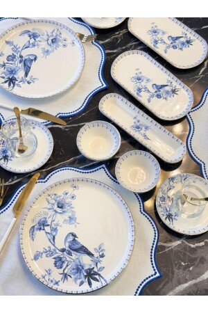 32 Parça Modern Mavi Kuş Gold Kahvaltı Takımı - Onedekor