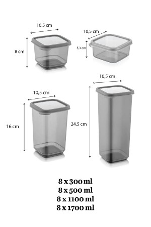 32'li Etiketli Kapaklı Kare Erzak Saklama Kabı Seti 8x(0,3 LT-0,5 LT-1,1 LT-1,7 LT) Baharatlık MCH-712 - 8