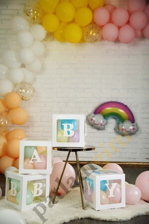 33 Parça Baby Yazılı Şeffaf Beyaz Kutu Balon Seti- Baby Balon Kutusu Bebek Çocuk Doğum Günü Kutlama - 1