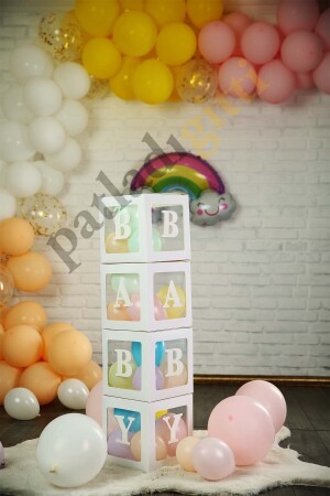 33 Parça Baby Yazılı Şeffaf Beyaz Kutu Balon Seti- Baby Balon Kutusu Bebek Çocuk Doğum Günü Kutlama - 3