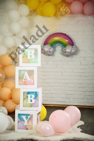 33 Parça Baby Yazılı Şeffaf Beyaz Kutu Balon Seti, Baby Balon Kutusu Bebek Çocuk Doğum Günü Kutlama PG0261 - 3