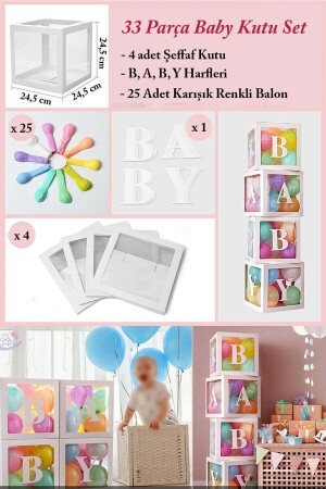 33 Parça Baby Yazılı Şeffaf Beyaz Kutu Balon Seti, Baby Balon Kutusu Bebek Çocuk Doğum Günü Kutlama PG0261 - 6