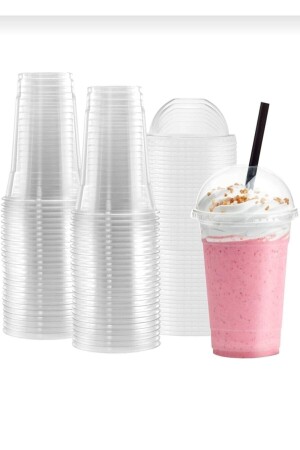 350 cc Plastik Pet Limonata Milkshake Bardağı 100 Adet Kapaklı ve Pipetli Miopetset100 - 2