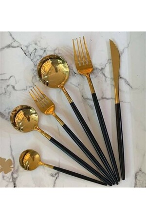 مـنـز-فرات 36 قطعة طعام ذهبية مع عجلة سوداء لـ 6 أشخاص - PAPATYAMDEKOR ZÜCCACİYE